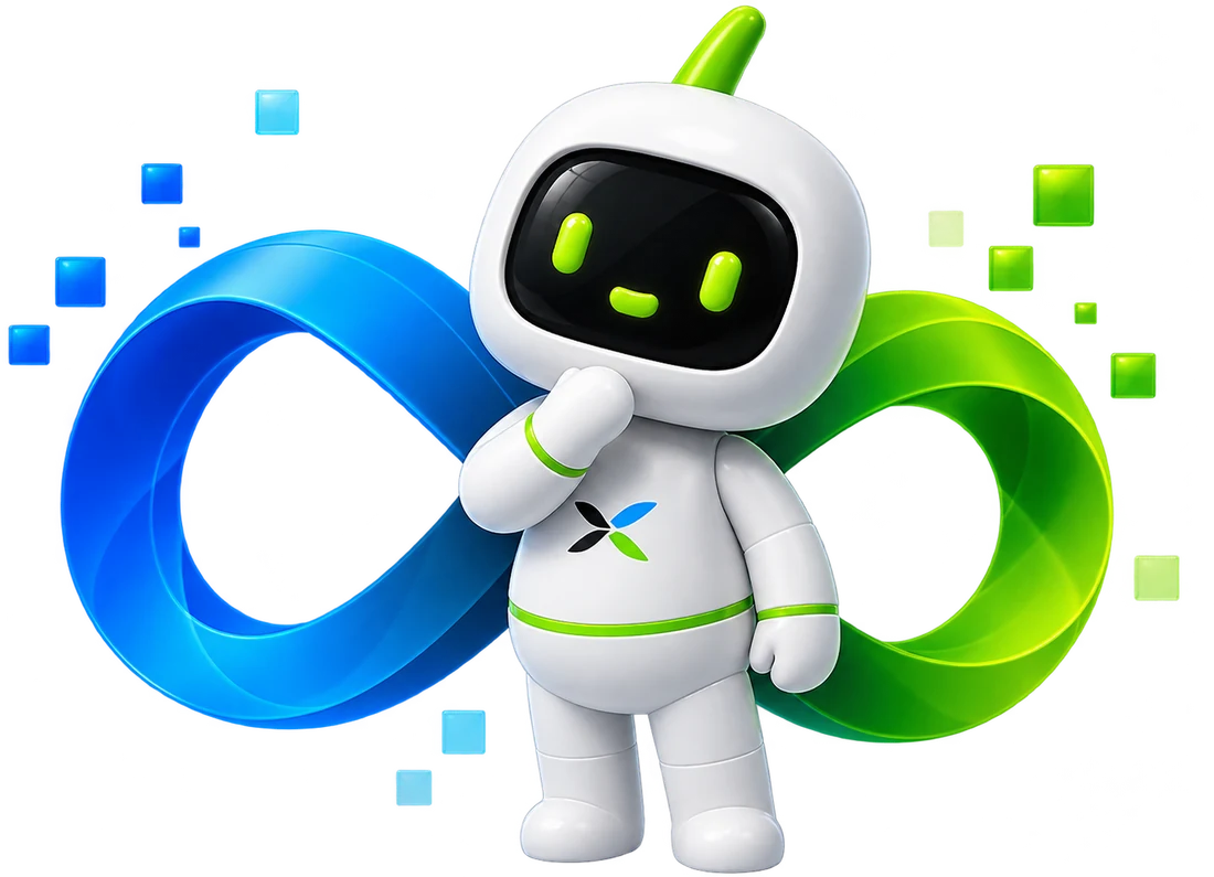 Nexus mascot robot waving, wrapped in a blue and green infinity ribbon