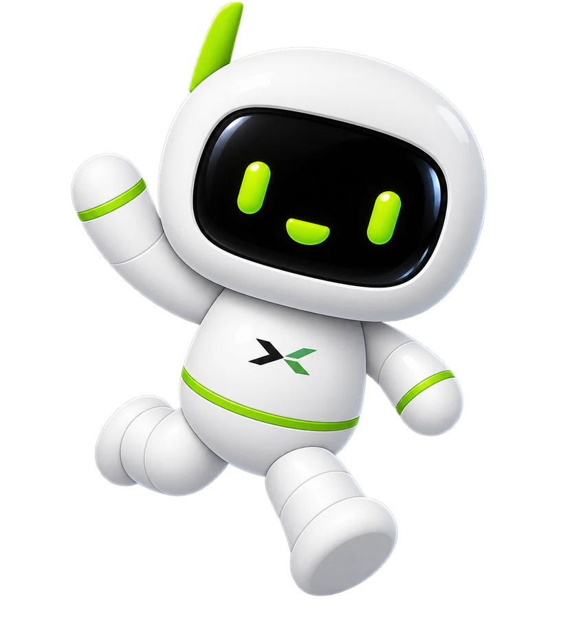 Nexus mascot robot mid-leap, waving excitedly