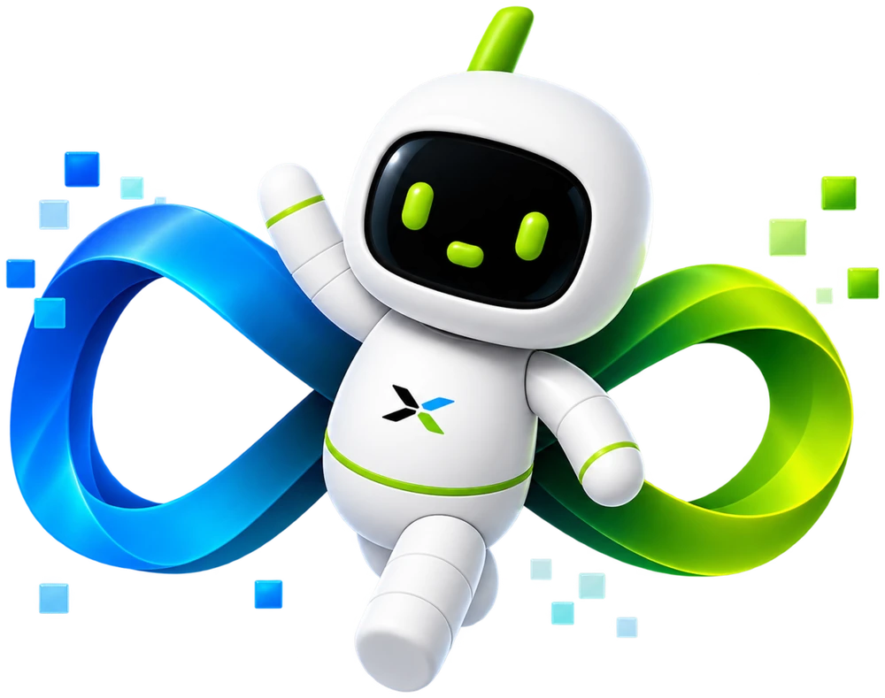 Nexus mascot robot waving, wrapped in a blue and green infinity ribbon